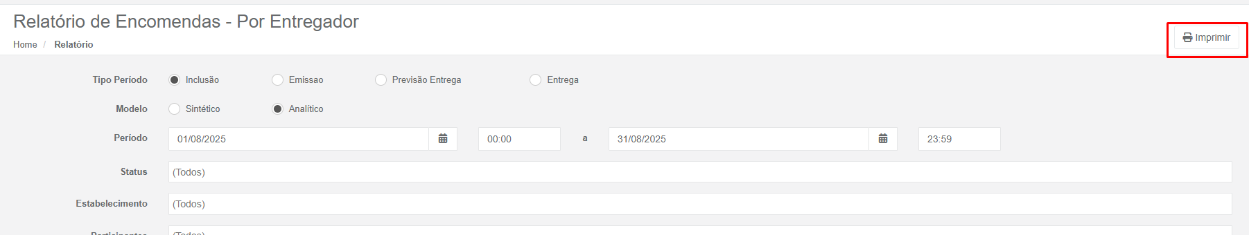 Gerar Relatório de Encomendas - Por Entregador