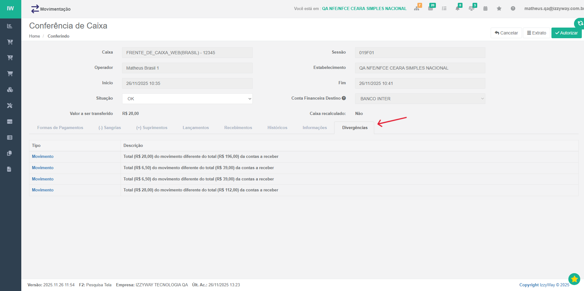 Tela principal da Conferência de Caixa com o conjunto completo de abas