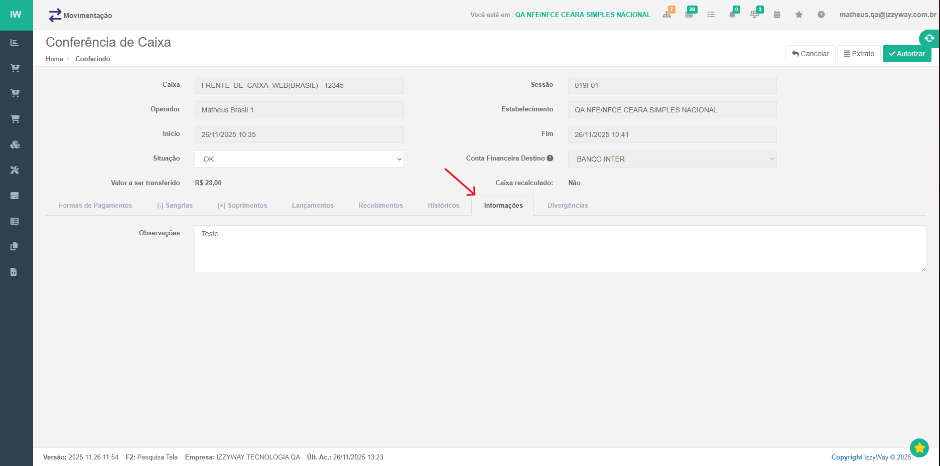 Aba Divergências destacada na tela de Conferência