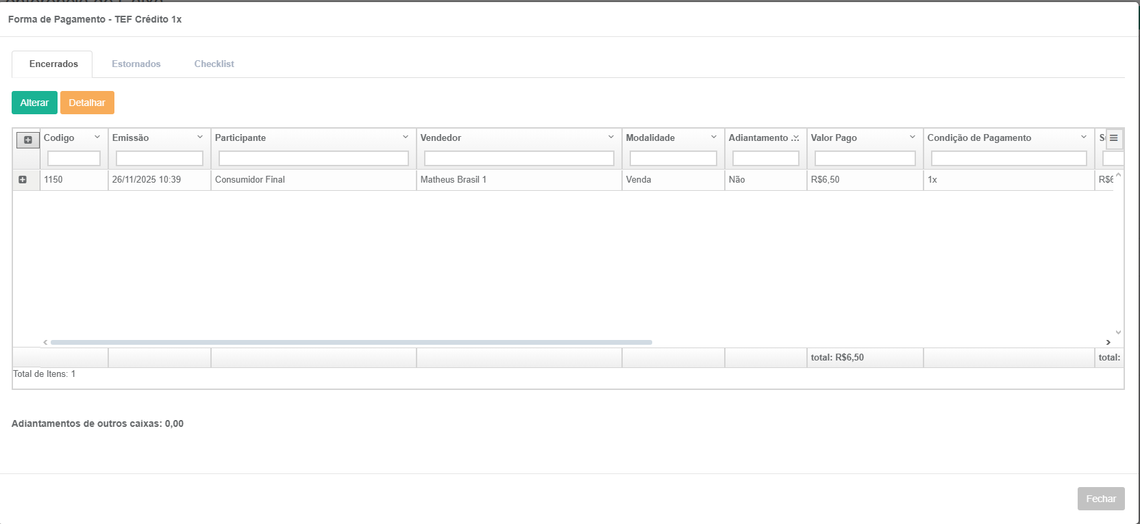 Tela de detalhe de pagamento com as abas Encerrados, Estornados e Checklist