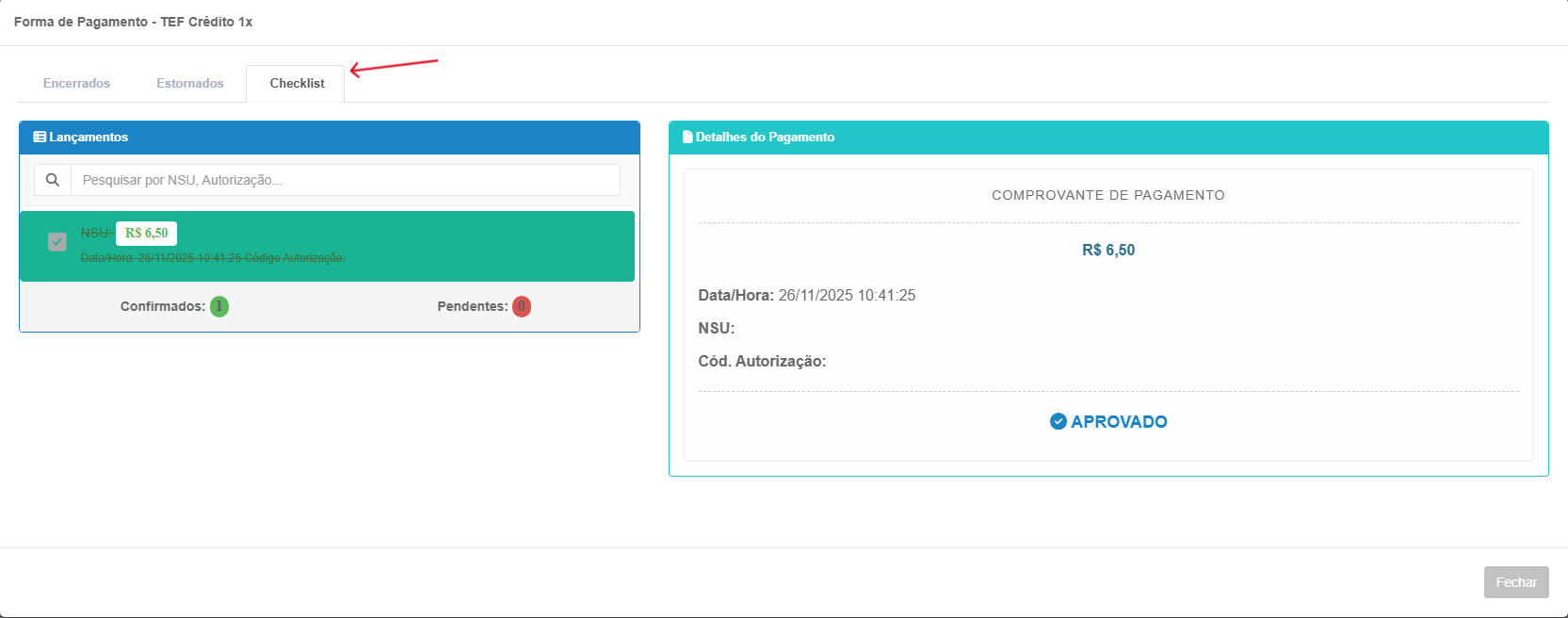 Detalhe do checklist para boletos, PIX e Cartão
