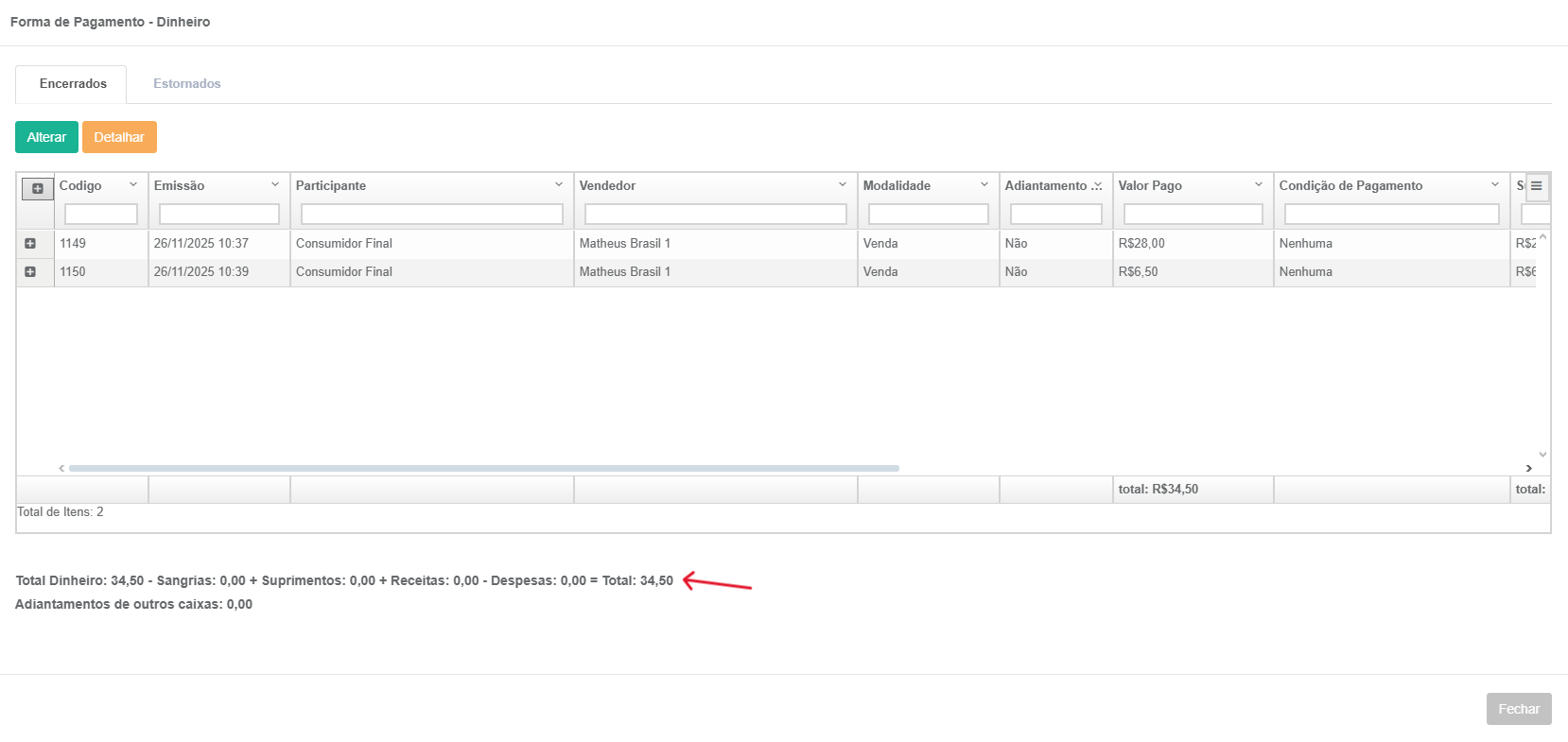 Visualização dos campos Valor Sistema e Valor Informado